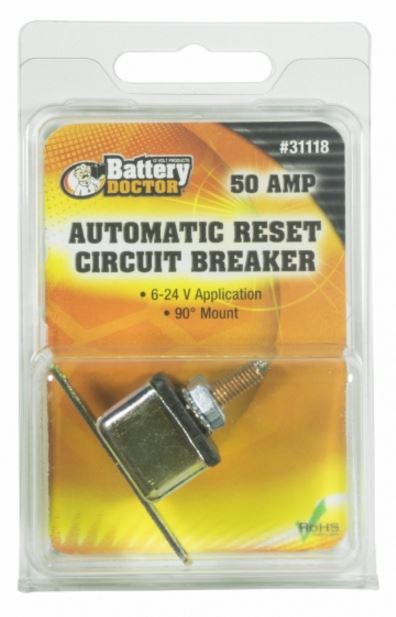 WirthCo Circuit Breaker, 50 Amp, Fits 6 to 24 Volt Application, Automatic Reset, Single, Stud Mounted with Right Angle Bracket – 31118