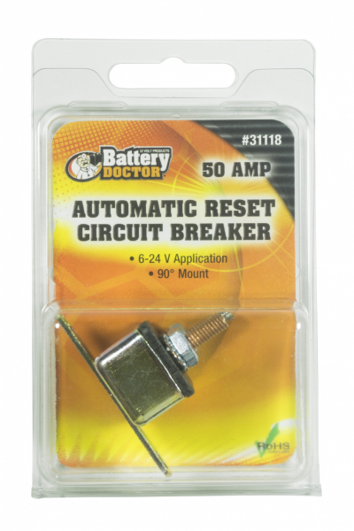WirthCo Circuit Breaker, 50 Amp, Fits 6 to 24 Volt Application, Automatic Reset, Single, Stud Mounted with Right Angle Bracket – 31118