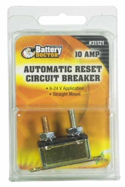 WirthCo Circuit Breaker, 10 Amp, Fits 6 to 24 Volt Application, Automatic Reset, Single, Stud Mounted with IN-Line Bracket – 31121