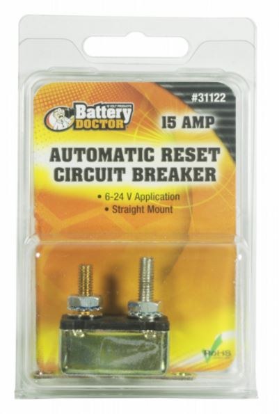 WirthCo Circuit Breaker, 15 Amp, Fits 6 to 24 Volt Application, Automatic Reset, Single, Stud Mounted with IN-Line Bracket – 31122