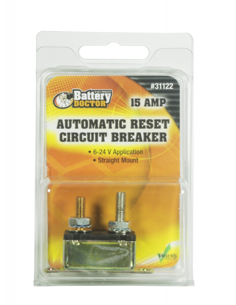 WirthCo Circuit Breaker, 15 Amp, Fits 6 to 24 Volt Application, Automatic Reset, Single, Stud Mounted with IN-Line Bracket – 31122