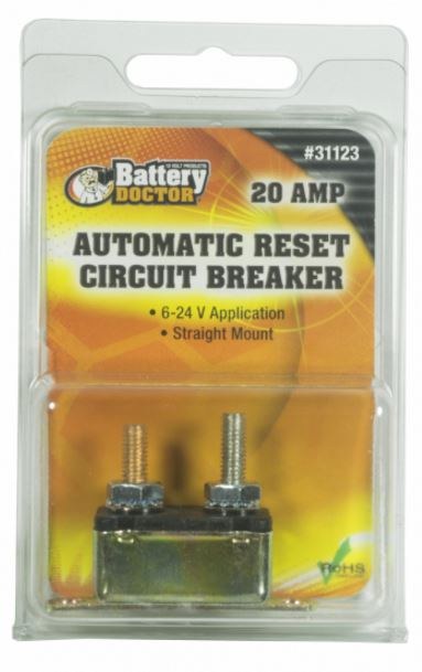 WirthCo Circuit Breaker, 20 Amp, Fits 6 to 24 Volt Application, Automatic Reset, Single, Stud Mounted with IN-Line Bracket – 31123