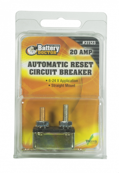 WirthCo Circuit Breaker, 20 Amp, Fits 6 to 24 Volt Application, Automatic Reset, Single, Stud Mounted with IN-Line Bracket – 31123