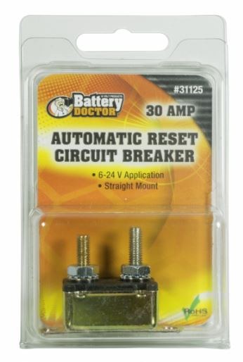 WirthCo Circuit Breaker, Battery Doctor ®, 30 Amp, For 6 to 24 Volt Application, Automatic Reset, Single, Stud Mounted with IN-Line Bracket – 31125