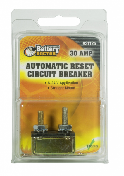 WirthCo Circuit Breaker, Battery Doctor ®, 30 Amp, For 6 to 24 Volt Application, Automatic Reset, Single, Stud Mounted with IN-Line Bracket – 31125