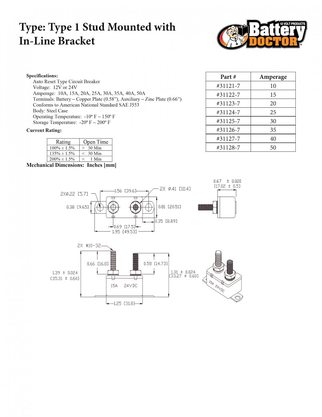 WirthCo Circuit Breaker, Battery Doctor ®, 30 Amp, For 6 to 24 Volt Application, Automatic Reset, Single, Stud Mounted with IN-Line Bracket – 31125