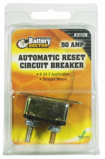 WirthCo Circuit Breaker, 50 Amp, Fits 6 to 24 Volt Application, Automatic Reset, Single, Stud Mounted with IN-Line Bracket – 31128