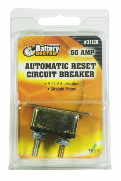 WirthCo Circuit Breaker, 50 Amp, Fits 6 to 24 Volt Application, Automatic Reset, Single, Stud Mounted with IN-Line Bracket – 31128