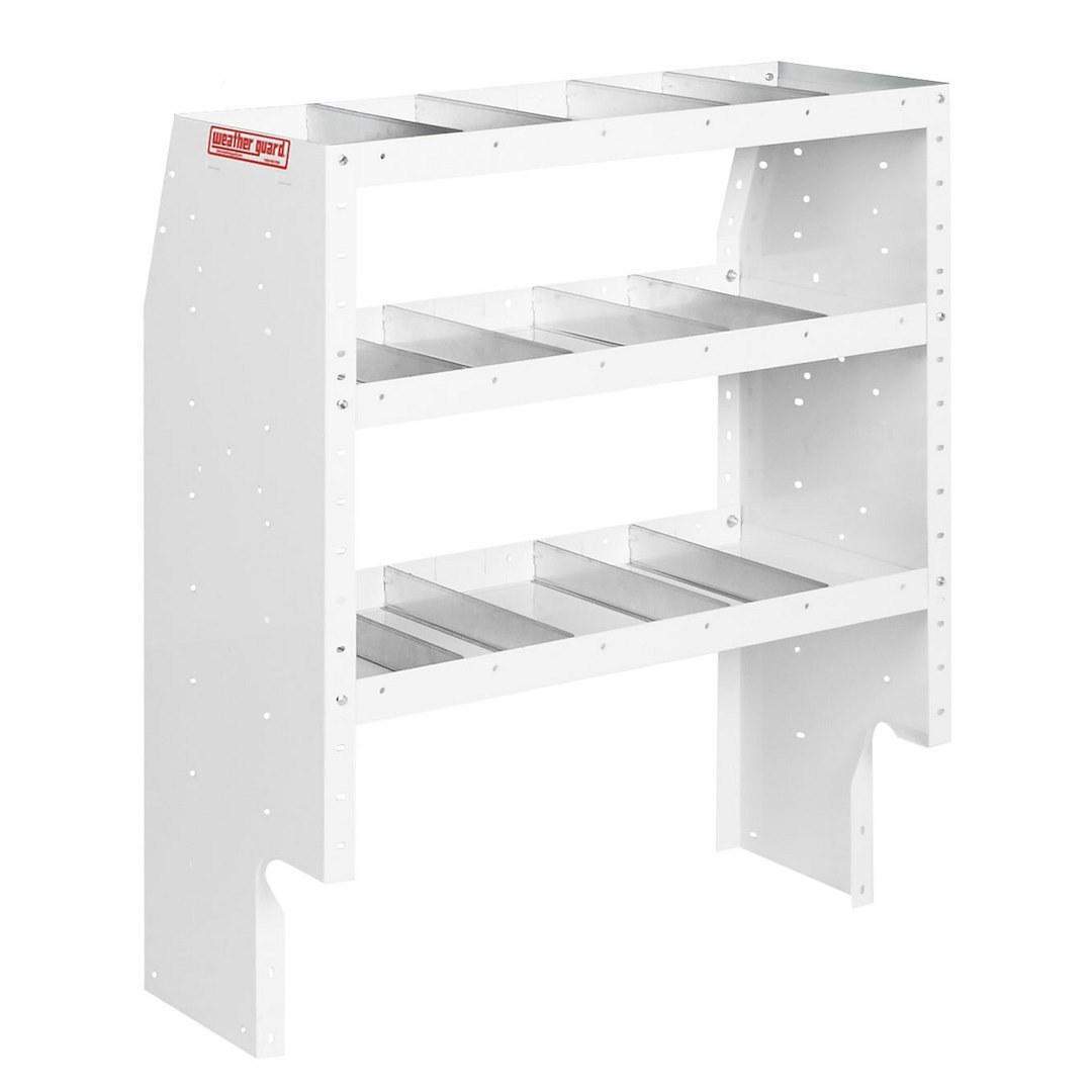 Weather Guard Van Storage System Shelf Unit, 36 Inch Length X 44 Inch Height X 16 Inch Depth, Tapered End Panels, 3 Shelves, 12 Dividers – 9343-3-03
