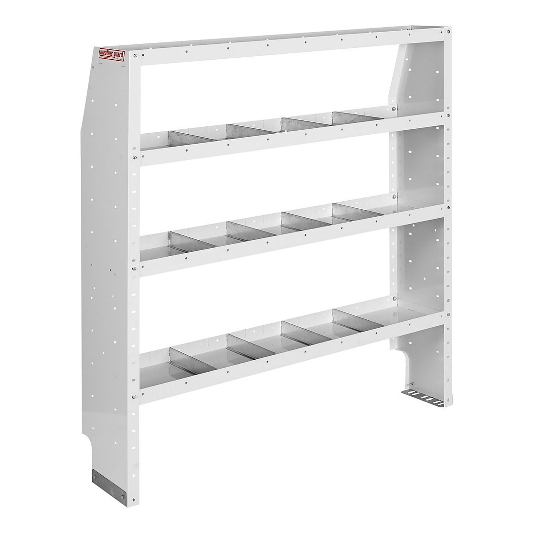 Weather Guard Van Storage System Shelf Unit, 52 Inch Length X 60 Inch Height X 13-1/2 Inch Depth, Tapered End Panels, 4 Shelves – 9375-3-03