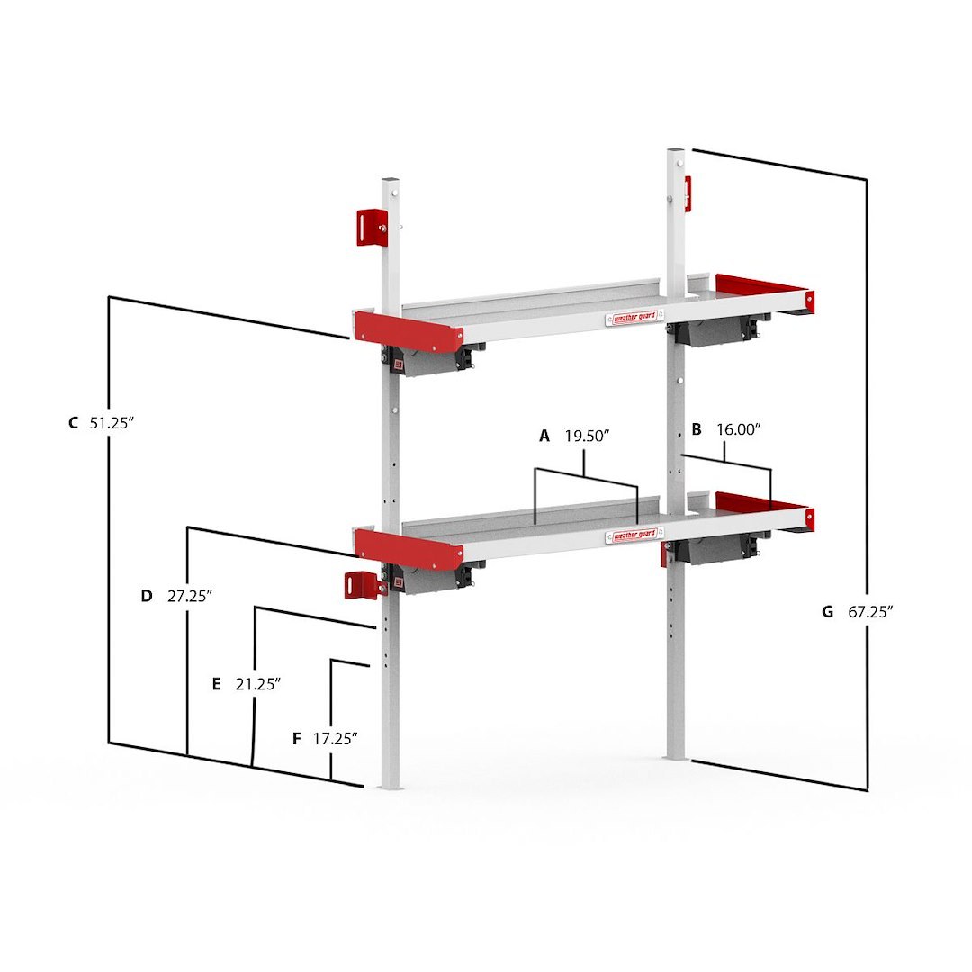 Weather Guard Van Storage System Shelf, 36 Inch Length X 19 Inch Depth, 2 Inch Lip, Without Dividers, Aluminum, White with Red End Caps – 9536-3-01