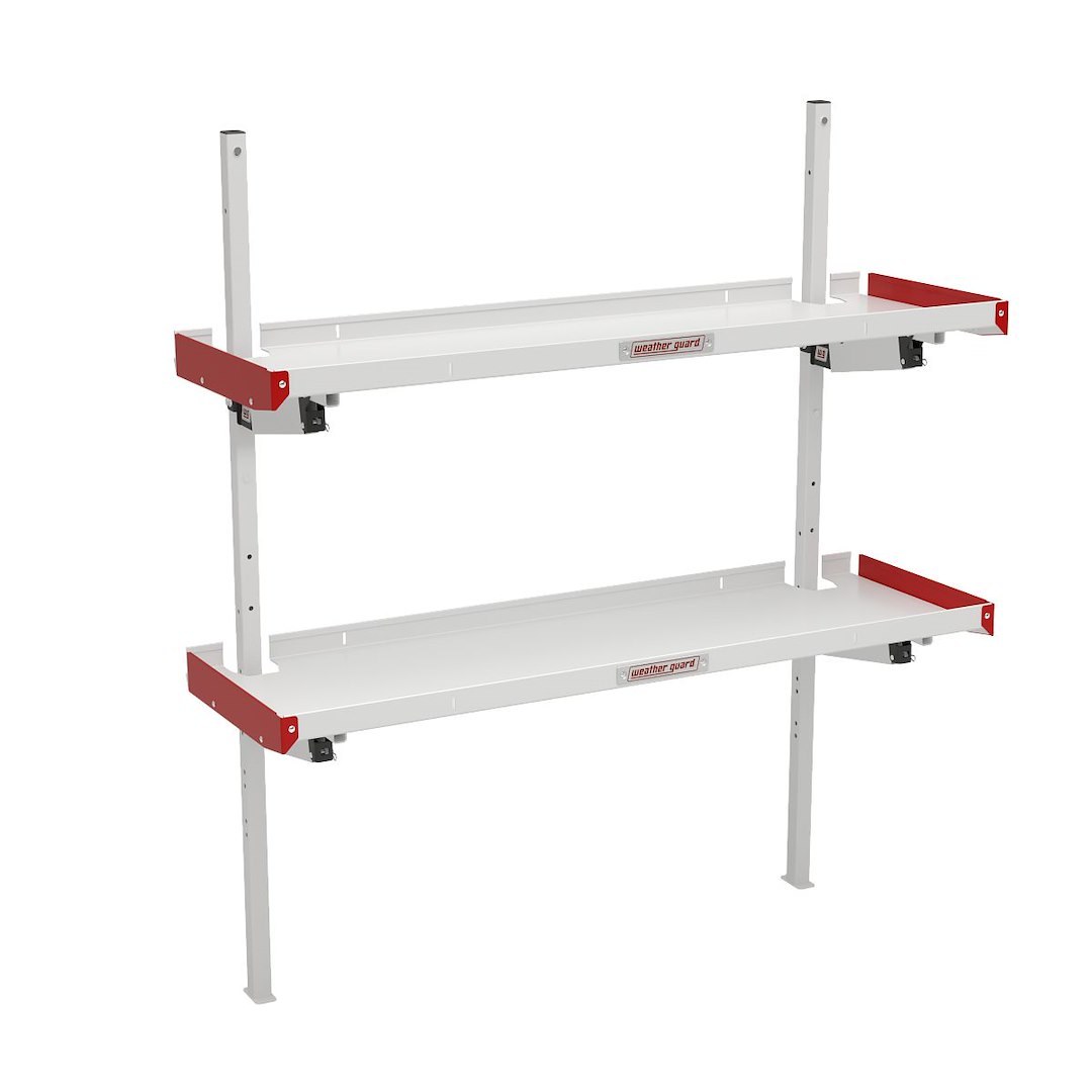 Weather Guard Van Storage System Shelf, 60 Inch Length X 19 Inch Depth, 2 Inch Lip, Without Dividers, Aluminum, White with Red End Caps – 9560-3-01