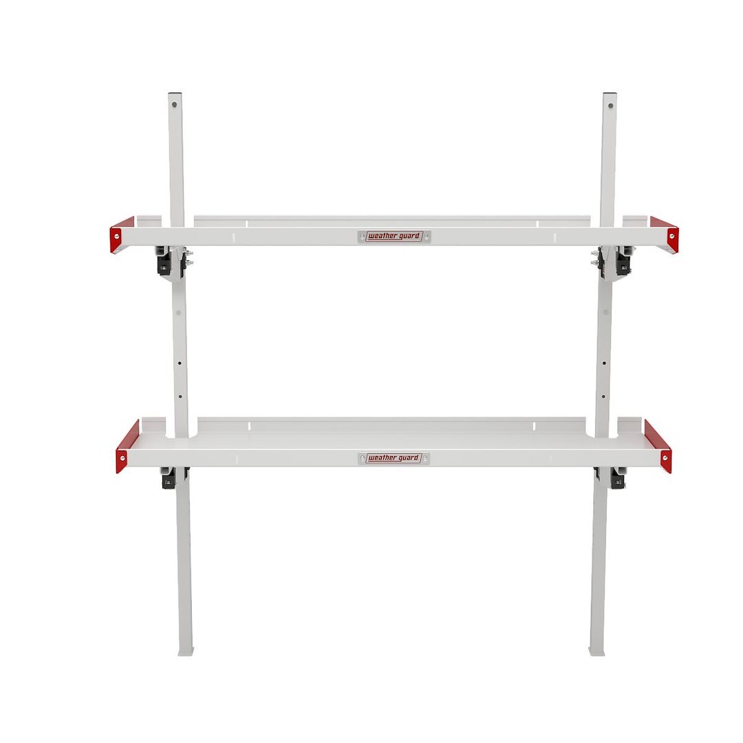 Weather Guard Van Storage System Shelf, 60 Inch Length X 19 Inch Depth, 2 Inch Lip, Without Dividers, Aluminum, White with Red End Caps – 9560-3-01