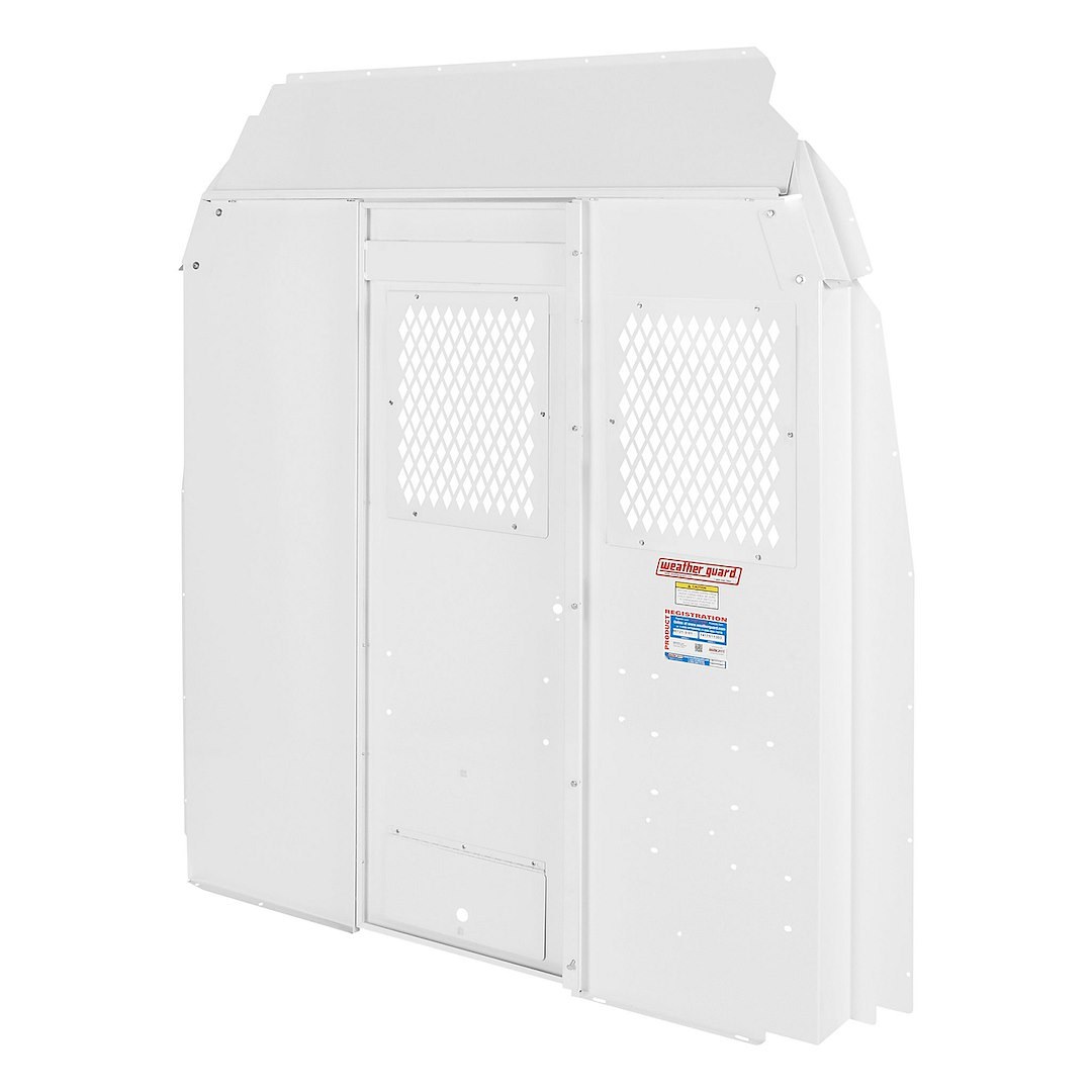 Weather Guard Bulkhead Divider, Full Bulkhead, Fixed Panel with Dog Door Converts to Door, With Door Pocket, With Mesh Window, White – 96122-3-01