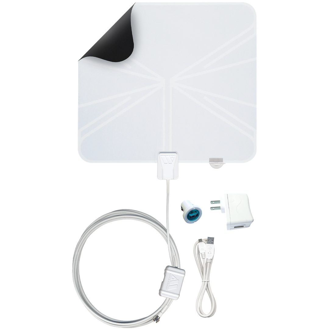 Winegard Broadcast TV Antenna, Rayzar ®, Portable Window/ Wall Mount, Multi-Directional, Receives VHF/ UHF Signals, Amplified, White – RV-RZ85