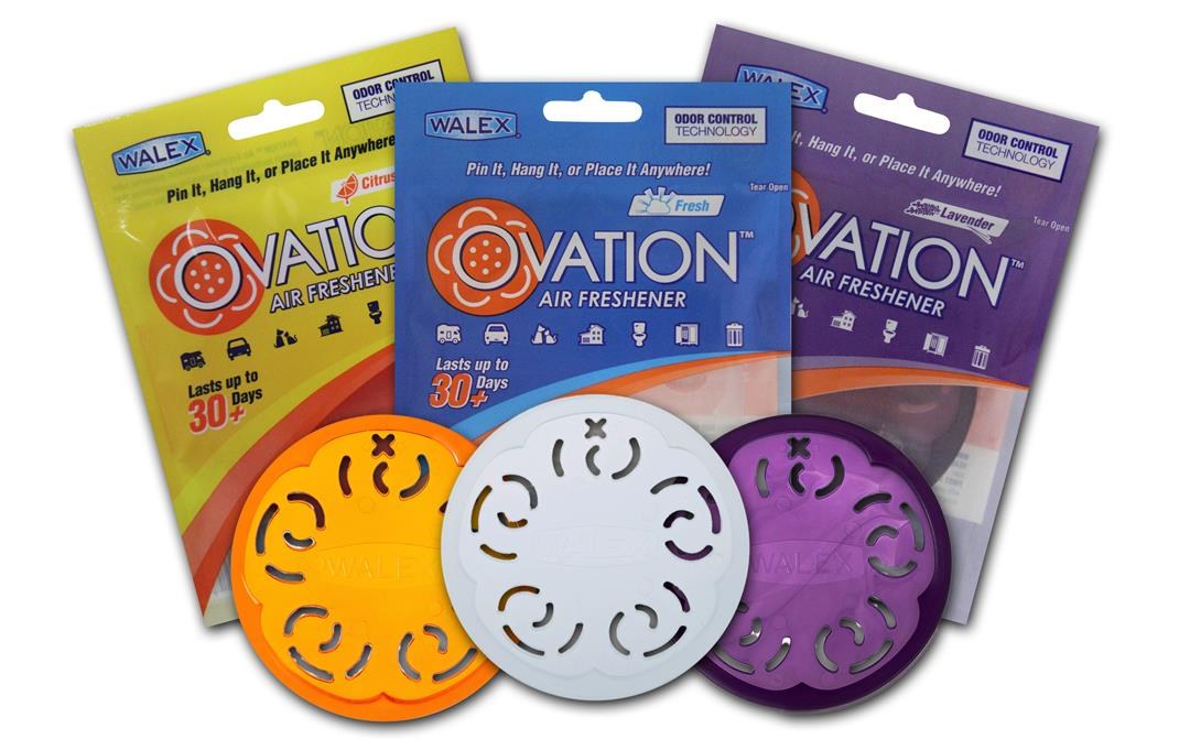 Walex Air Freshener, Ovation ™, Orange Disc/ White Disc/ Purple Disk, Citrus/ Fresh/ Lavender, Hangable, Assortment of 24 (8 Each Color) – OVAASST