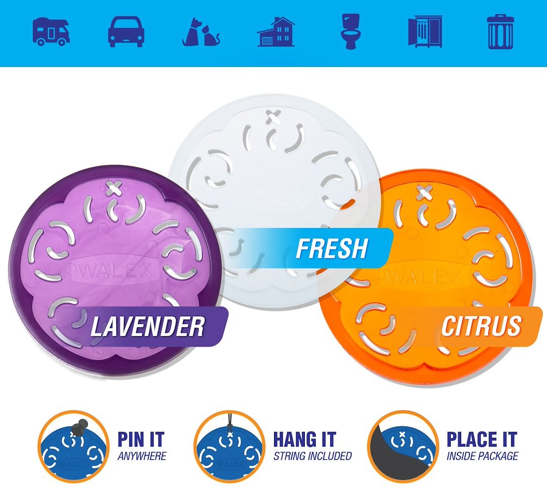 Walex Air Freshener, Ovation ™, Orange Disc/ White Disc/ Purple Disk, Citrus/ Fresh/ Lavender, Hangable, Assortment of 24 (8 Each Color) – OVAASST