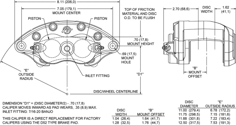 Wilwood Brake Caliper, D52, Floating Mount, Dual 2 Inch Piston Caliper, Without Brake Pads, Type III Hard Anodized, Gray, Aluminum – 120-10937