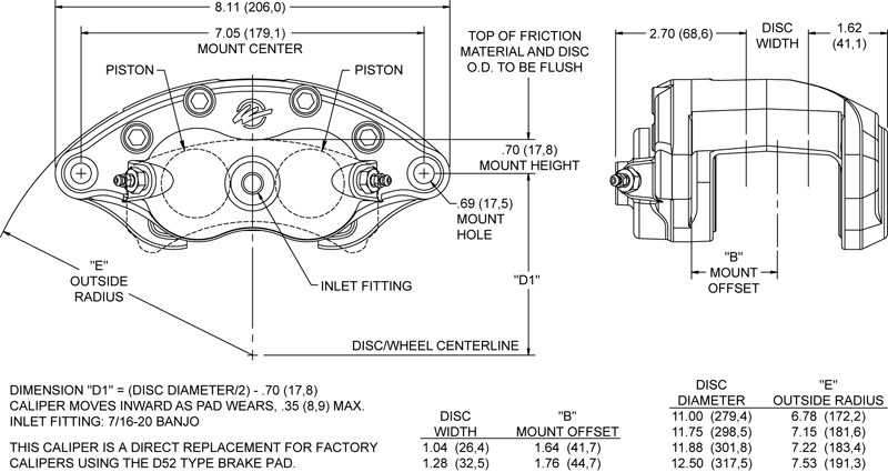 Wilwood Brake Caliper, D52, Floating Mount, Two 1.25 Inch Piston Caliper, Use with Wilwood D52 Brake Pads – 120-10938-RD