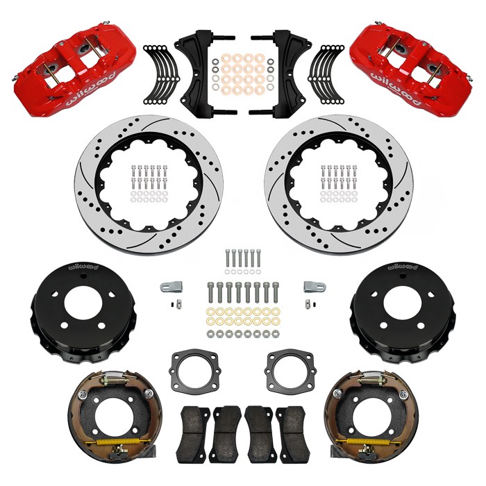 Wilwood Brake Kit, AERO4, For Use with 3.25 Axle Offset, With BP-10 Metallic Brake Pads, Red Powder Coated 4 Piston Calipers – 140-17673-DR