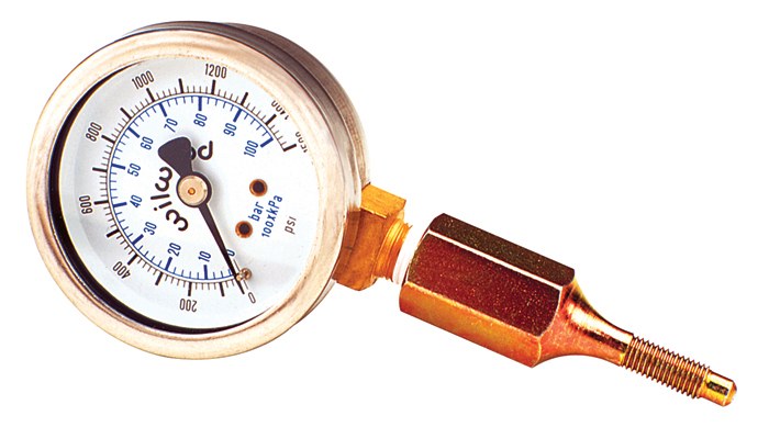 Wilwood Gauge Brake Pressure, 2 Inch Diameter, Liquid Fill Mechanical, 0 to 1500 PSI, Analog Display, White Face/ Black Needle/ Gold Bezel – 260-0966