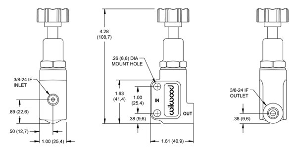 Wilwood Brake Proportioning Valve, Adjustable Knob Type, 3/8-24 Inch If and 3/8-24 Inch If Outlet, 1500 PSI Max Pressure, Aluminum – 260-10922