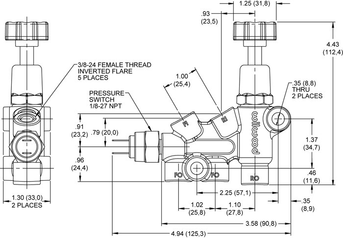 Wilwood Brake Proportioning Valve, Adjustable Knob Type, 3/8-24 Inch If and 3/8-24 Inch If Outlet, 1500 PSI Max Pressure, Aluminum, Black – 260-11179