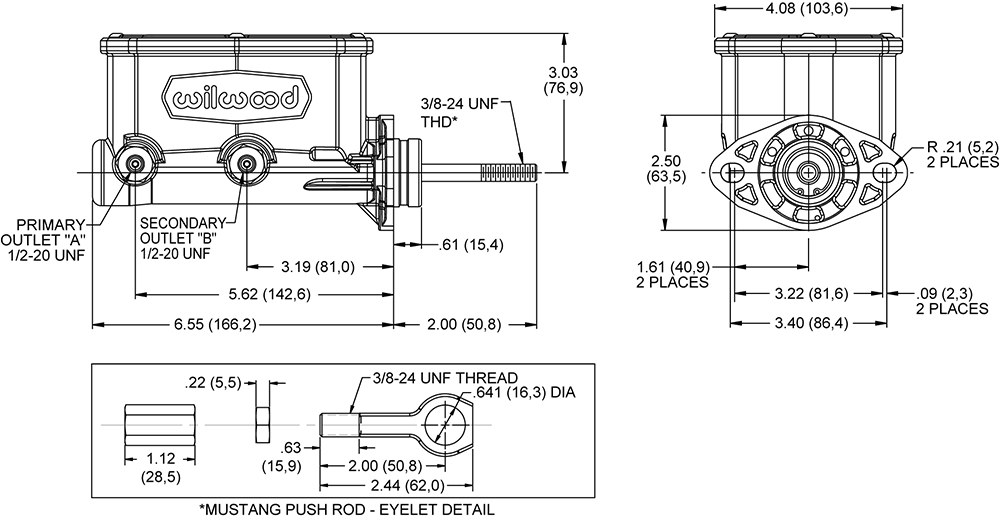 Wilwood Brake Master Cylinder, Compact Tandem, Integral Reservoir, 15/16 Inch Bore Size, Two 1/2-20 Inch Outlet Ports, Electro-Coated – 260-15521-BK