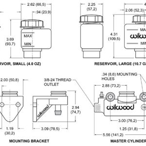 Wilwood Brake Master Cylinder, Combination Mount, Remote Reservoir, 1 Inch Bore Size, Single 3/8-24 Outlet Port, Bare – 260-3378