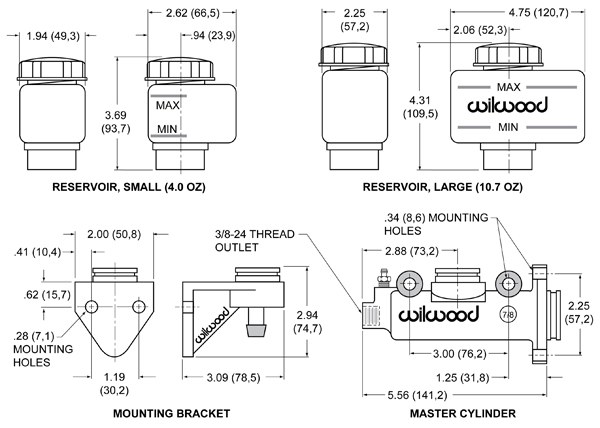 Wilwood Brake Master Cylinder, Combination Mount, Remote Reservoir, 1 Inch Bore Size, Single 3/8-24 Outlet Port, Bare – 260-3378