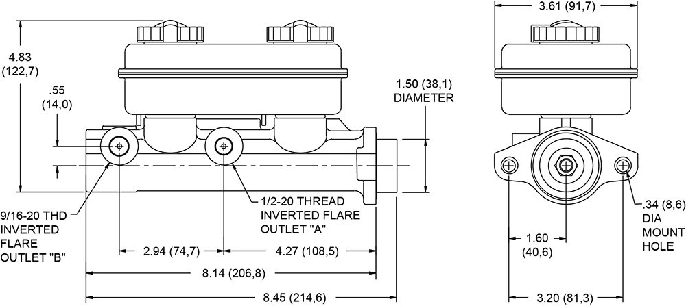 Wilwood Brake Master Cylinder, Tandem, Integral Reservoir, 1-1/16 Inch Bore Size, One 1/2-20 Inch Outlet Port/ One 9/16-20 Inch Outlet Port – 260-4893