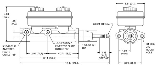 Wilwood Brake Master Cylinder, Tandem, Integral Reservoir, 1-1/16 Inch Bore Size, One 1/2-20 Inch Outlet Port/ One 9/16-20 Inch Outlet Port – 260-4894