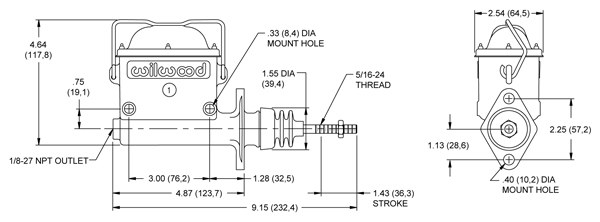 Wilwood Brake Master Cylinder, Compact, Integral Reservoir, 1 Inch Bore Size, Single 3/8-24 Inch Outlet Port, Bare, Aluminum – 260-6766
