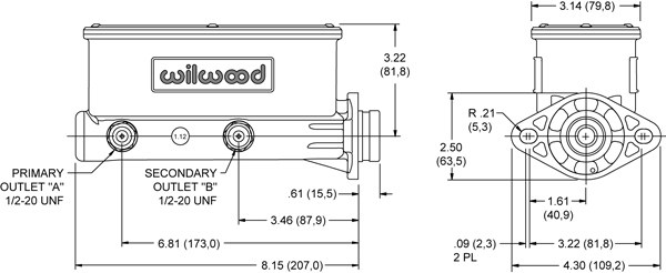 Wilwood Brake Master Cylinder, Tandem, Integral Reservoir, 1-1/8 Inch Bore Size, Two 1/2-20 Inch Outlet Ports, Black, Aluminum – 260-8556-BK