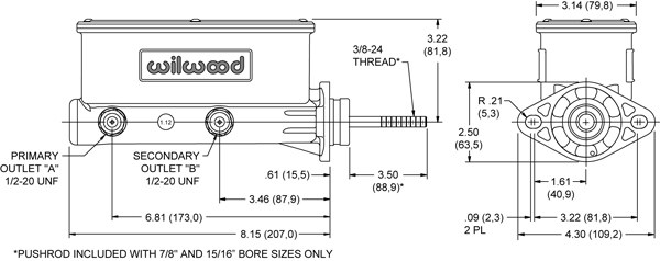 Wilwood Brake Master Cylinder, Tandem, Integral Reservoir, 7/8 Inch Bore Size, Two 1/2-20 Inch Outlet Ports, Black, Aluminum – 260-9439-BK