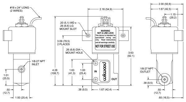 Wilwood Caliper Line Shut-Off Solenoid, 1/8-27 NPT Threaded Inlet, 1/8-27 NPT Threaded Outlet, 12 Volt 5 Amp – 260-9921