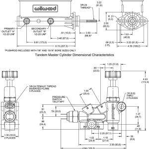 Wilwood Brake Master Cylinder, Tandem, Integral Reservoir, 1 Inch Bore Size, Two 1/2-20 Inch Outlet Ports, Black, Aluminum – 261-13269-BK