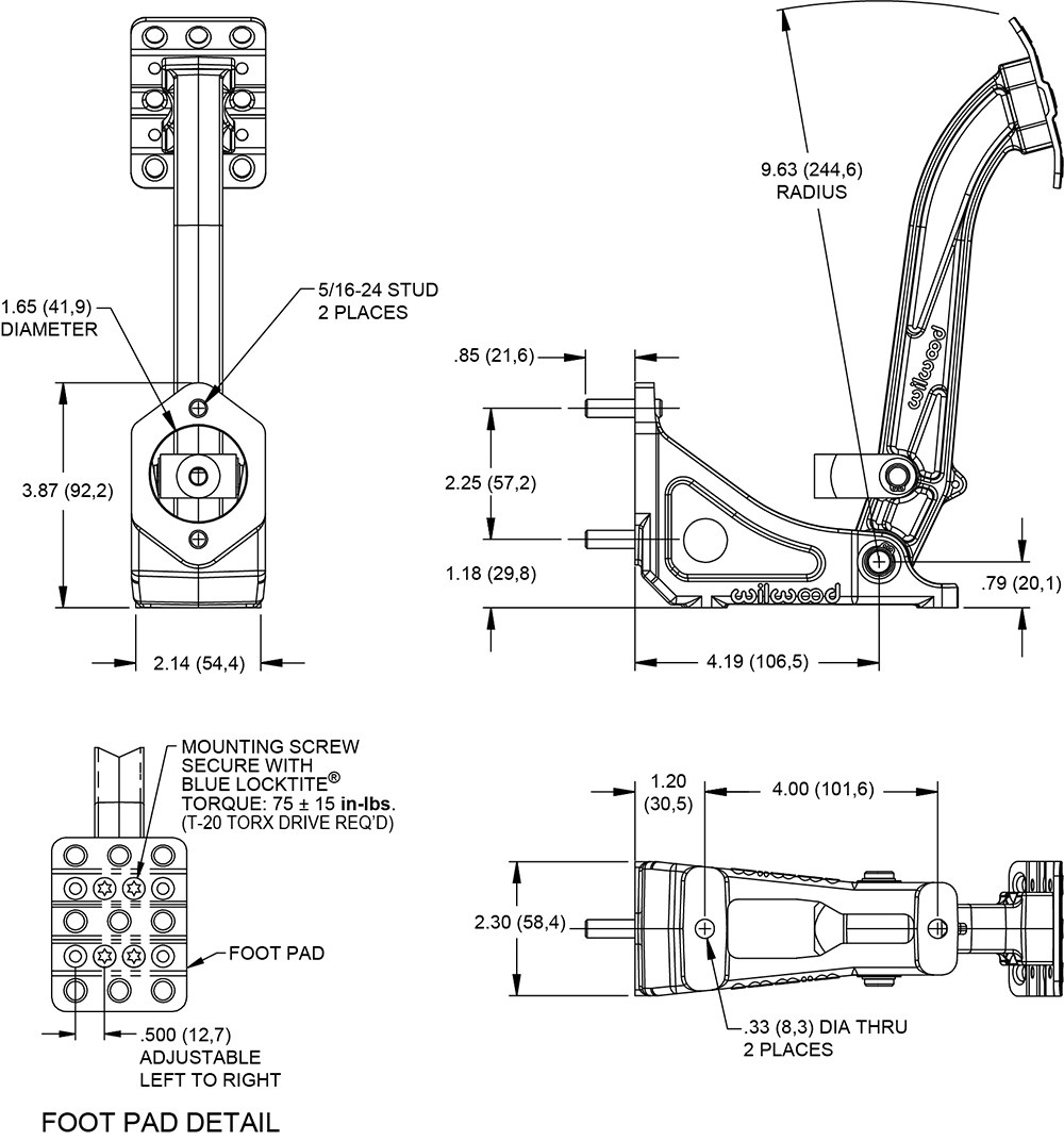 Wilwood Brake Pedal, Floor Mount Single Pedal, Use with Clutch Master Cylinder, Aluminum – 340-13833