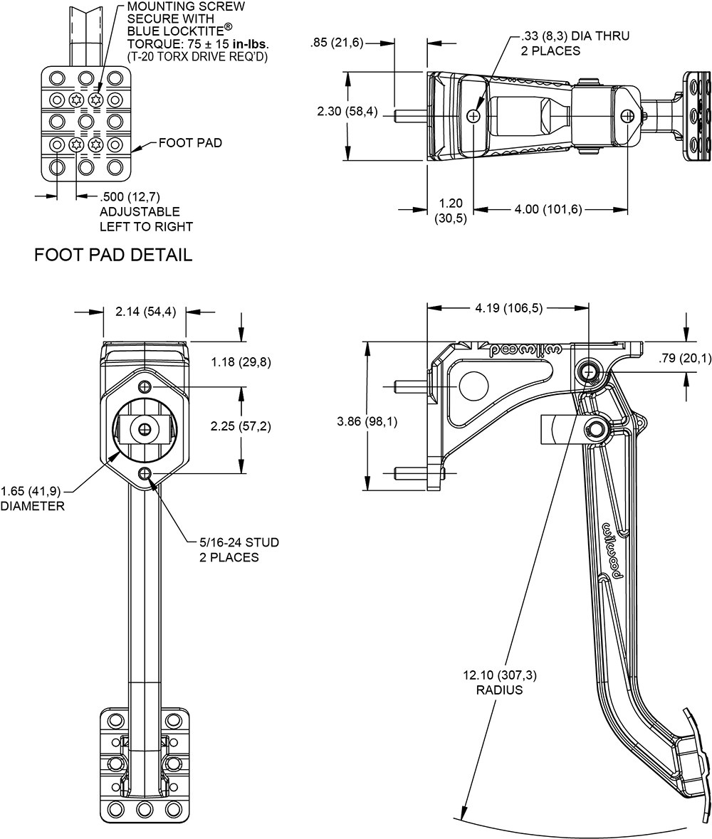 Wilwood Brake Pedal, Swing Mount Single Pedal, Use with Clutch Master Cylinder, Aluminum – 340-13834