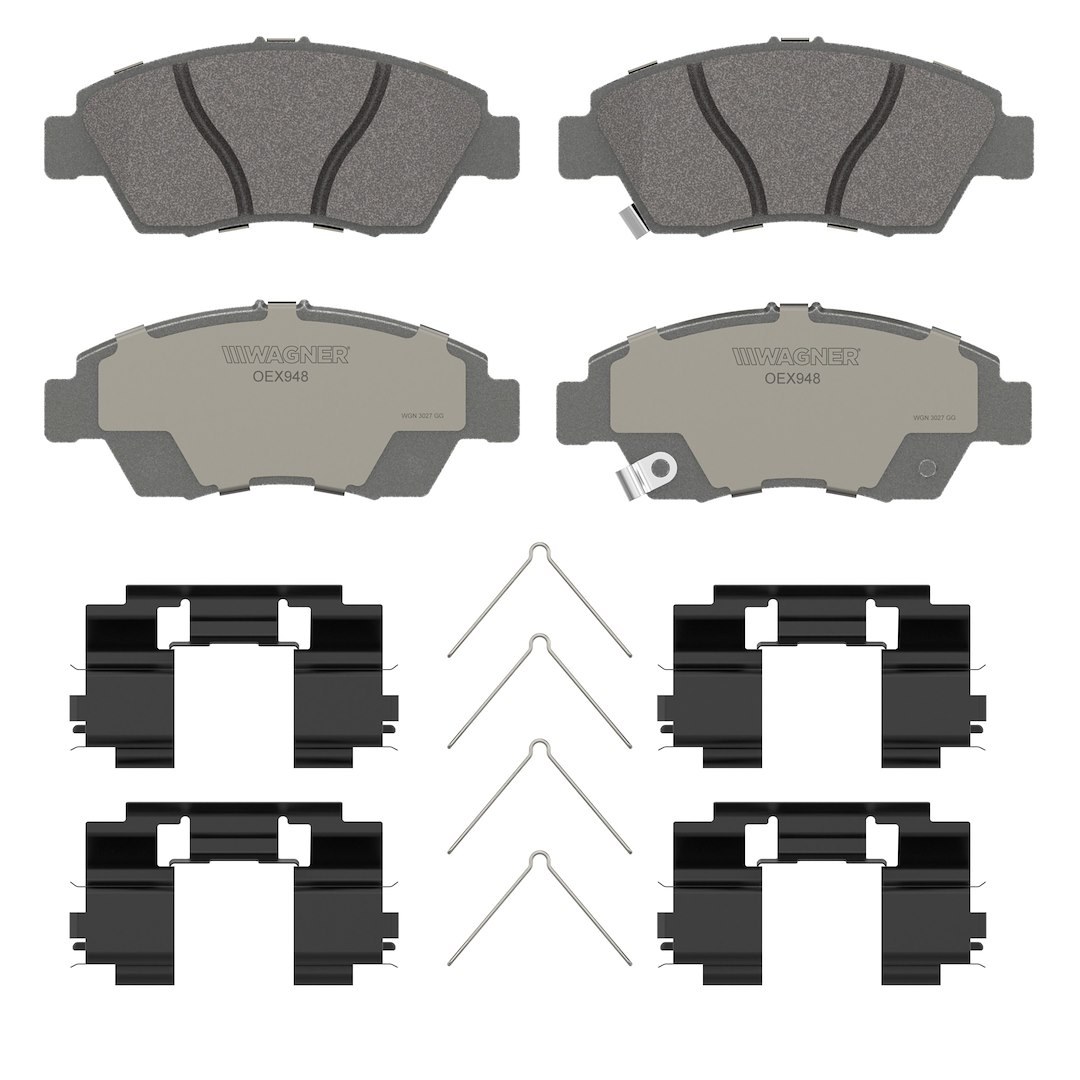Wagner Brake Brake Pad, Oex, Fmsi Number D948-7497, Ceramic, Set of 4, With Pad Shims/ Abutment Clips/ Pad Wear Sensor/ Mounting Hardware – OEX948