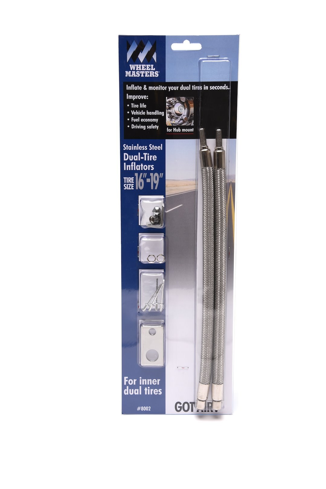 Wheelmaster Valve Stem Extension, Used with 16 Inch to 19-1/2 Inch Inner Dual Wheels, Two 13 Inch Straight, Stainless Steel, Hub Mount – 8002