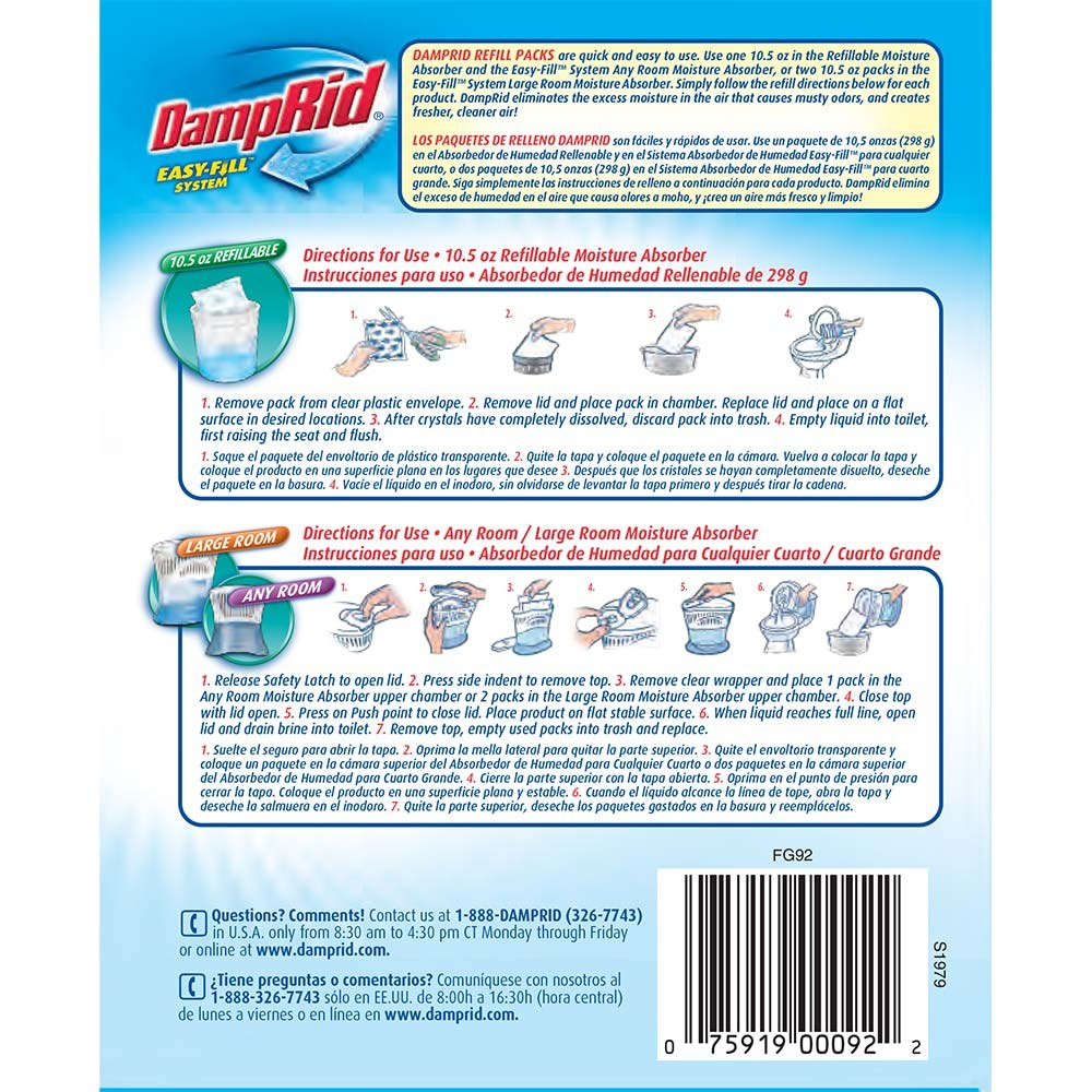 Wm Barr & Co Dehumidifier, Damprid, Granules IN Pouch, 10.5 Ounce, Refillable, Fragrance Free, Pack of 4 – FG92