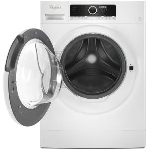 Whirlpool Clothes Washer, Front Load, 24 Inch Width X 33-1/4 Inch Height X 24 Inch Depth, White, Stainless Steel Drum, 10 Wash Cycle – WFW3090JW