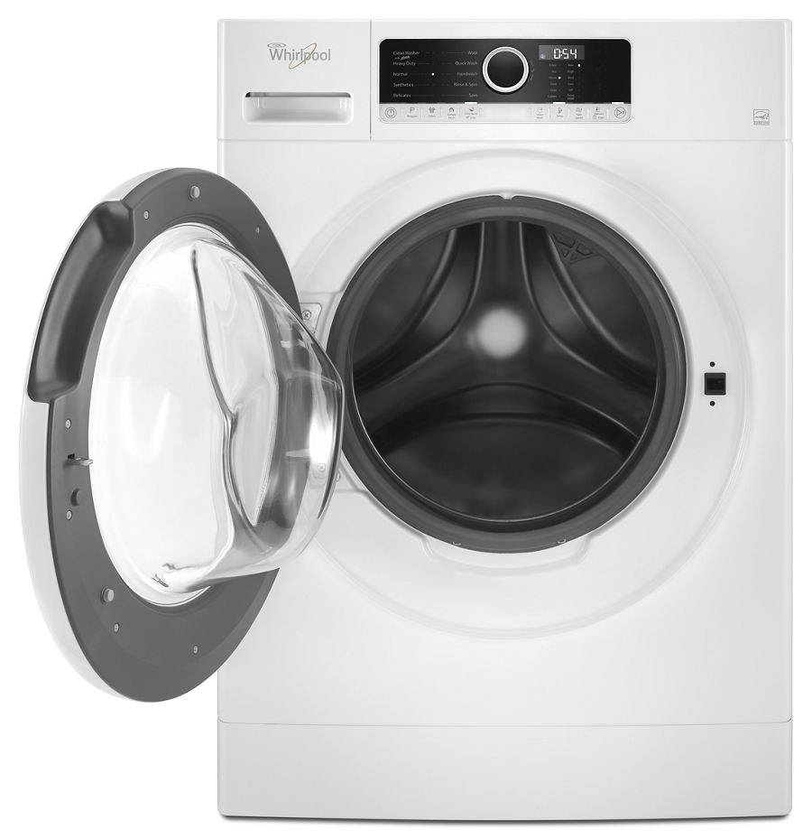 Whirlpool Clothes Washer, Front Load, 24 Inch Width X 33-1/4 Inch Height X 24 Inch Depth, White, Stainless Steel Drum, 10 Wash Cycle – WFW3090JW