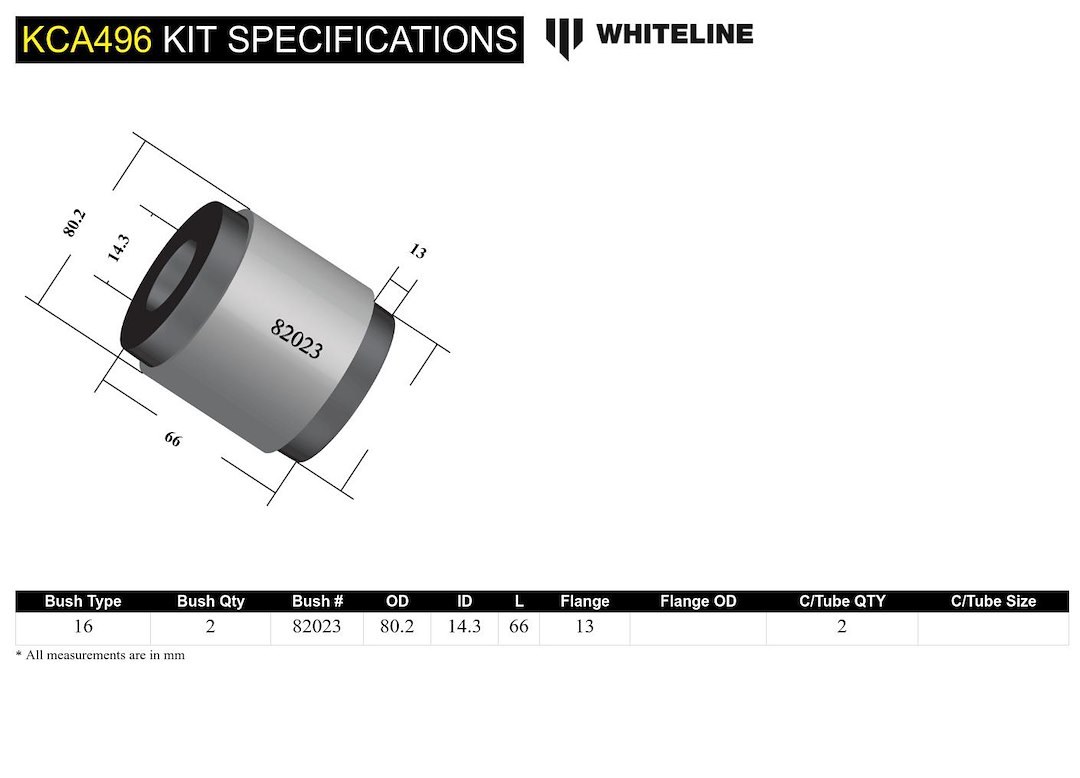 Whiteline Control Arm Bushing, Adds + 2 Degree Caster, Black/ Silver, Synthetic Elastomer, With Two Shell Bushings – KCA496