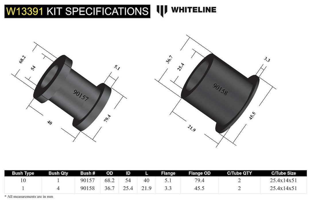 Whiteline Rack and Pinion Mount Bushing, Black/ Silver, With Five Bushings and Two Tubes – W13391