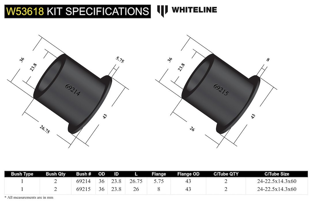 Whiteline Control Arm Bushing, Black, Synthetic Elastomer, With Four Bushings/ Two Tubes/ Two Washers – W53618