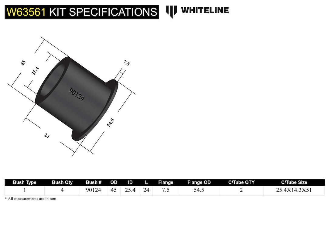 Whiteline Control Arm Bushing, Black, Synthetic Elastomer, With Four Bushings and Two Tubes – W63561