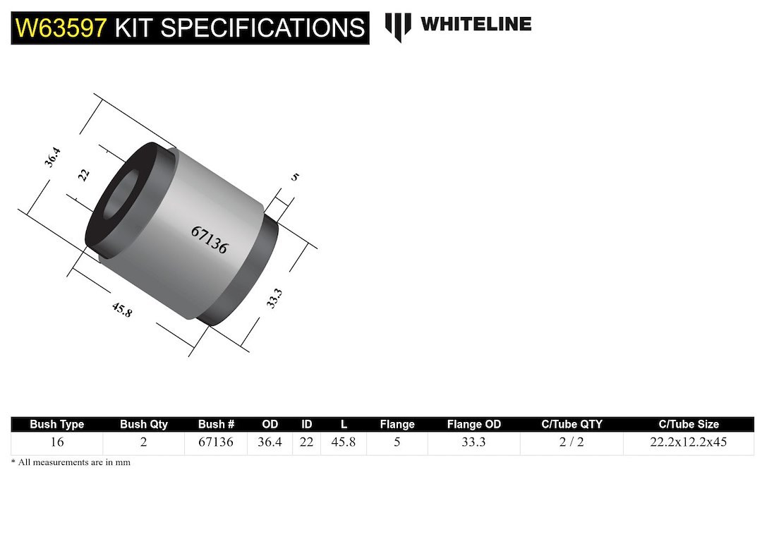 Whiteline Control Arm Bushing, Black/ Silver, Synthetic Elastomer, With Two Shell Bushings and Two Tubes – W63597