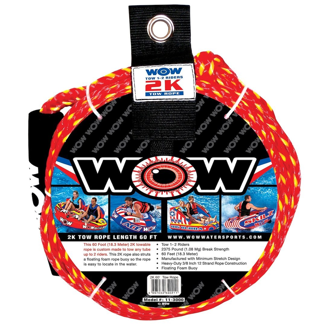 Wow Sports Towable Tube Tow Rope, 2K, Use to Tow Towable Tube of 1 to 2 Riders, 2375 Pound Breaking Strength, 60 Feet Length, Red and Yellow – 11-3000